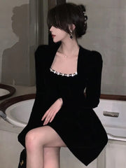 French Velvet Party Dress for Women Vintage Puff Sleeve A-Line Vestidos Robe Female One Piece Mini Birthday Evening Dresses New