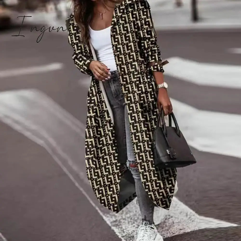 Ingvn - Women's Khaki Striped Plaid Contrast Long Trench Coat