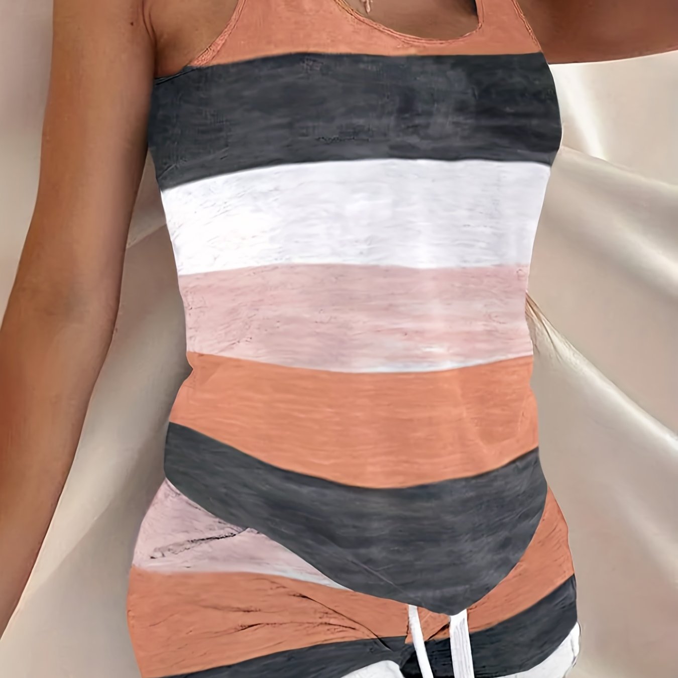 Elastic Comfort: Women's Spring/Summer Striped Two-Piece Set - Casual Sleeveless Tank & Adjustable Shorts, Easy Care & Stylish