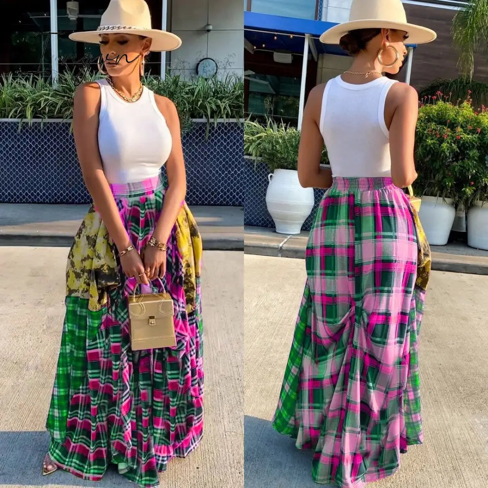 Ingvn - Womens Fashion Ladies Fashion Stitching Printed Plaid Young Fashion Casual Bohemian Super Loose Multicolor Skirt