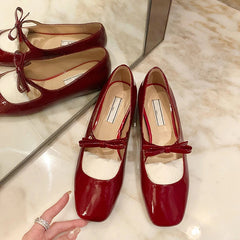 Luxury Bowtie Mary Janes Women Square Toe Shiny Leather Silk Flats Ballets Femmes Red Dance Party Ball Bridal Wedding Shoes