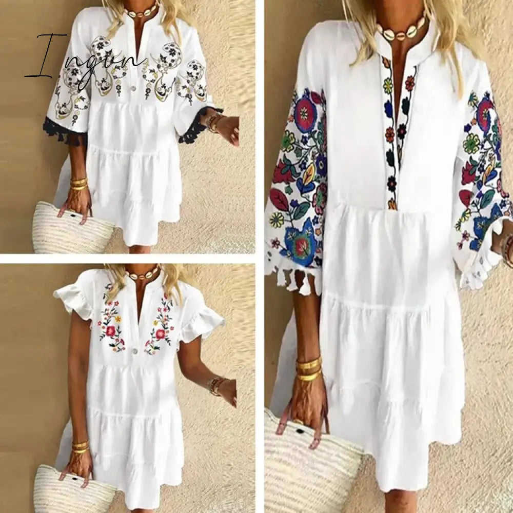 Ingvn - Plus Size 5XL Floral Print Boho Dress Women Tassle Sleeved White Mini A-Lline Dress Autumn New Sweet Bohemian Loose Dresses