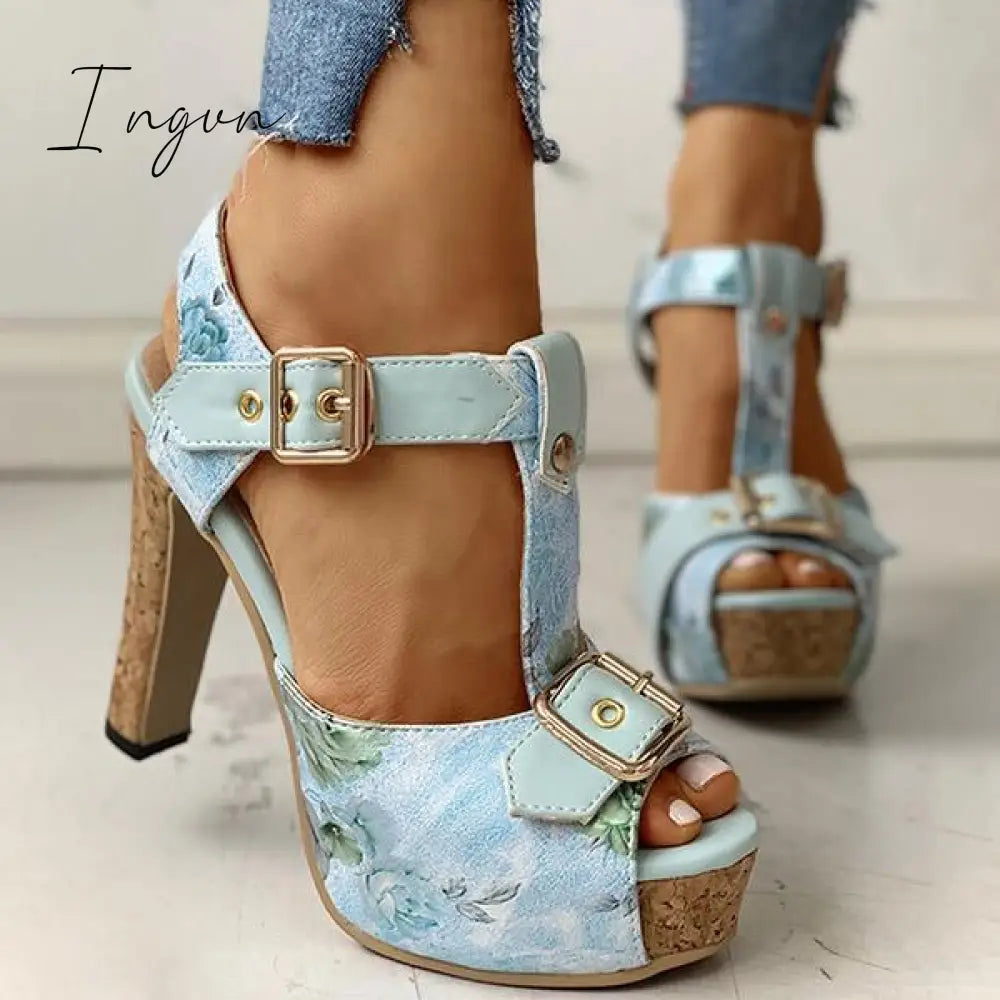 Ingvn - Flower Print Peep Toe Platform Chunky Heels