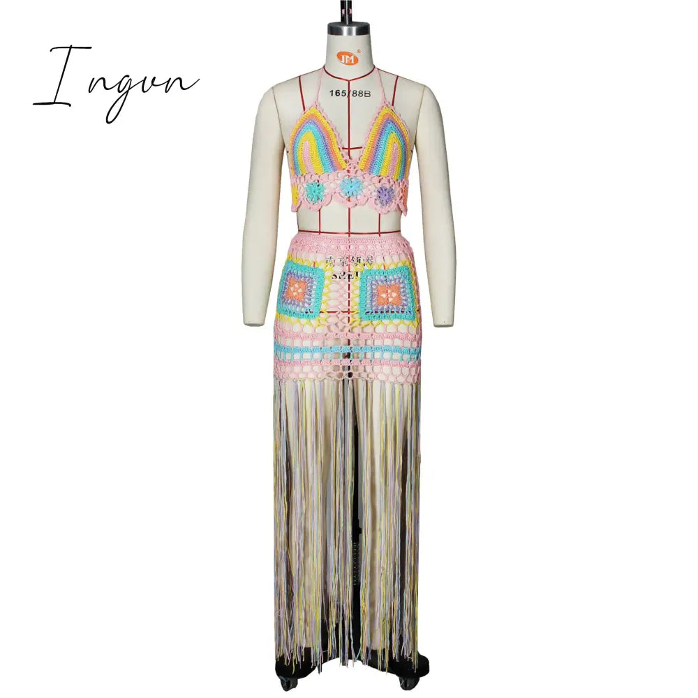 Ingvn - Sexy Crochet Tassel Two Piece Skirt Set Beach Dress Suit Summer Outfit Womens 2 Piece Matching Sets