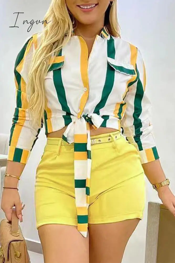 Ingvn - Sweet Striped Frenulum With Belt Turndown Collar Long Sleeve Two Pieces