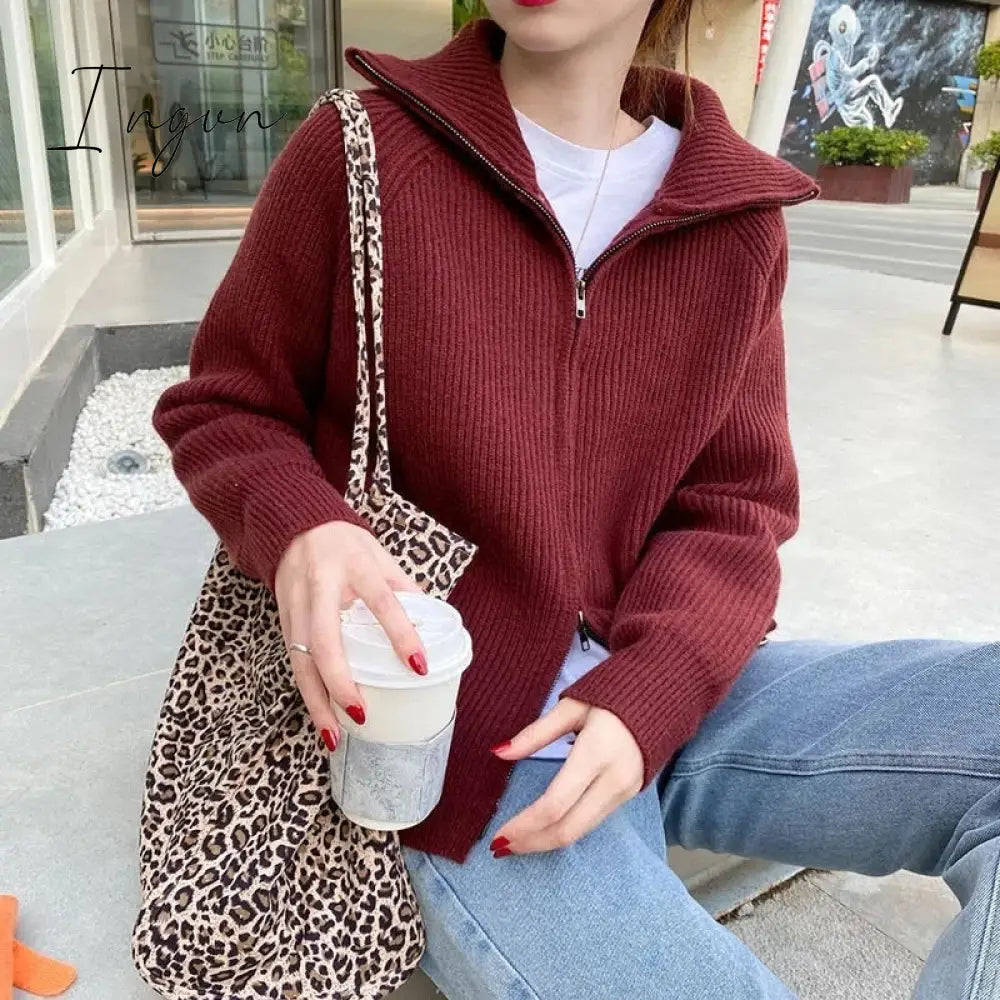 Ingvn - Deeptown Casual Knitted Cardigan Sweaters Women Autumn Vintage Zip-up Solid Loose Long Sleeve Tops Knitwear Chic Kpop
