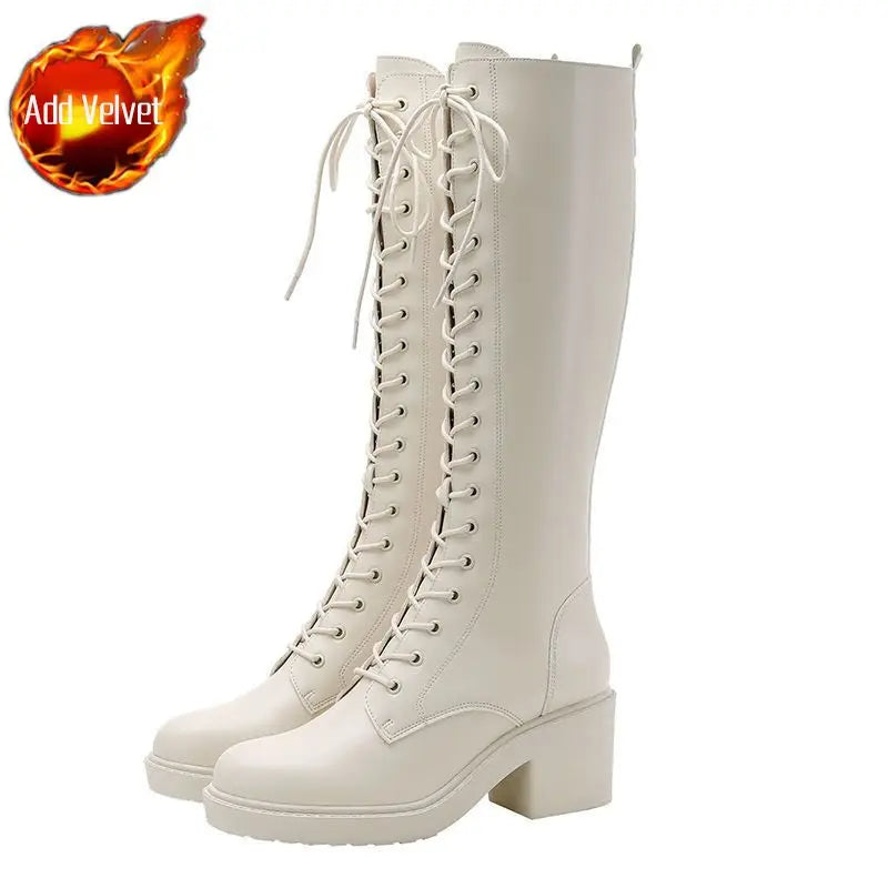 Ingvn  Footwear Long Ladies Boots Elegant Heeled High Heels Shoes for Women Lace-up Winter Knee Shaft with Laces White Spring Autumn Pu
