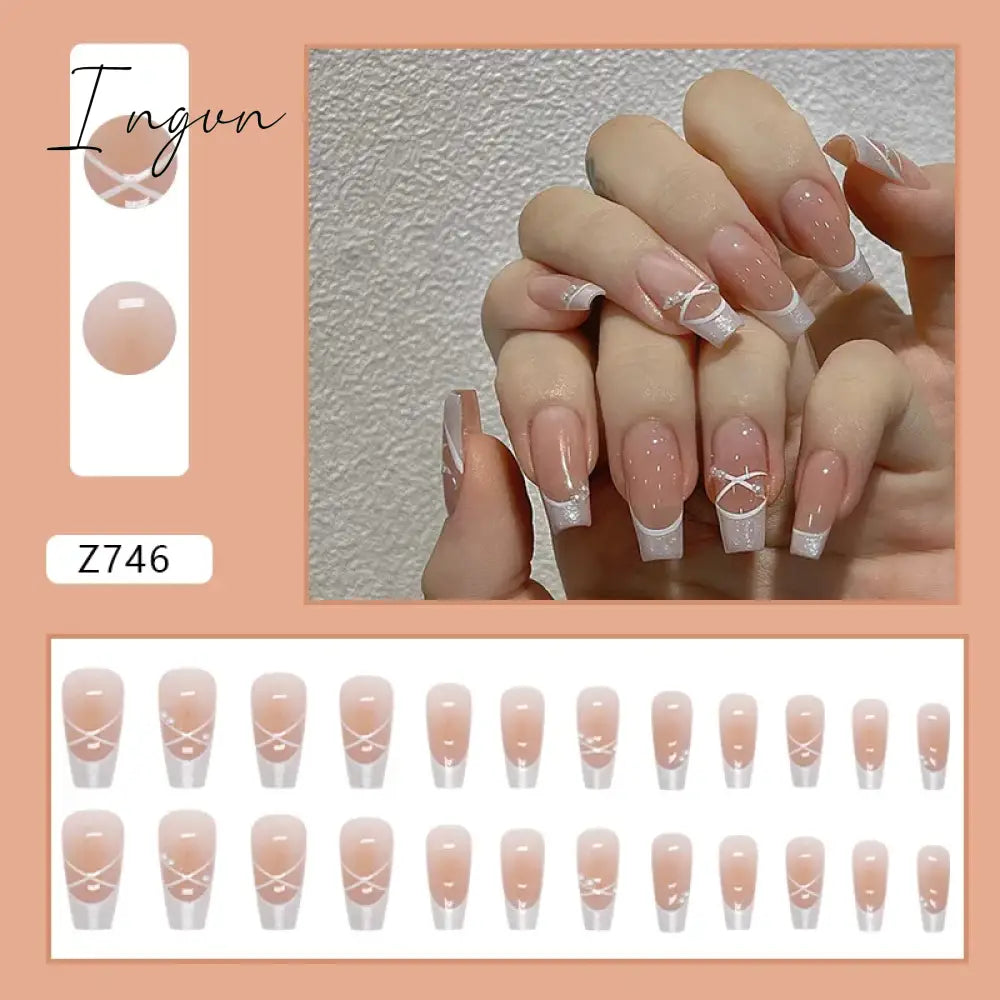 24pcs/Box Gradient Nail Art Patches False Nails Short Square Nail Blue Starry Glitter Teardrop Diamond Fake Nail Tips