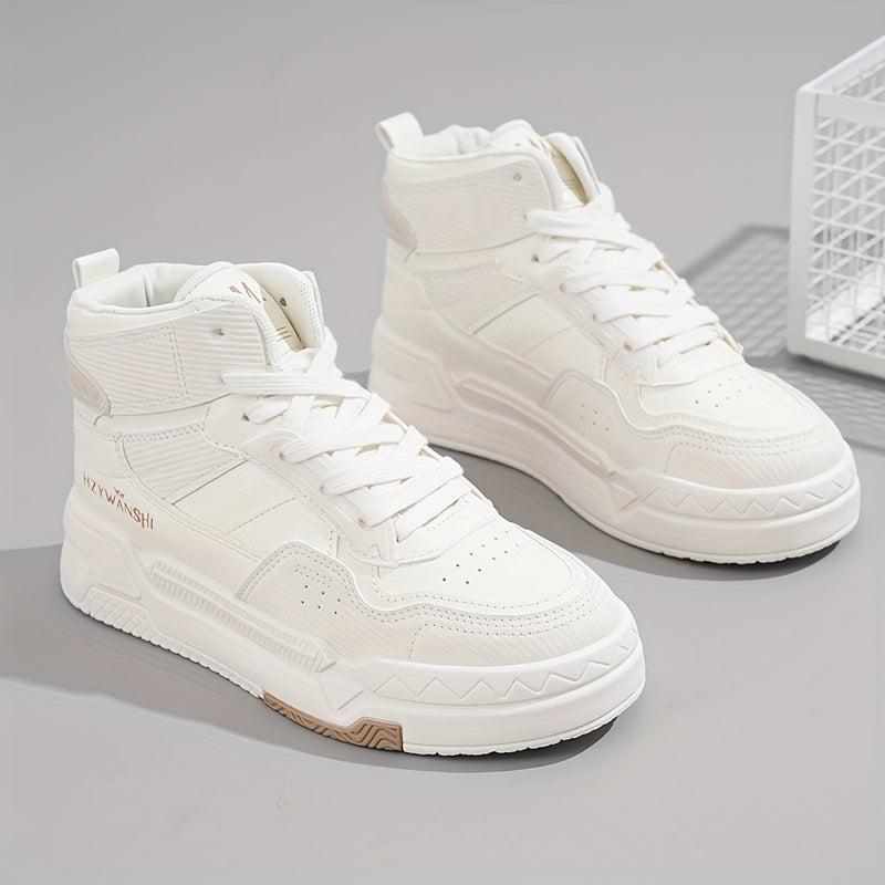 Trendy Women's High-Top Sneakers - Versatile White, Lace-Up Casual Shoes with Thick Sole, Breathable PU Cover & Comfort Fabric