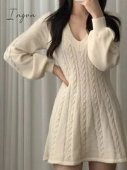 Ingvn - Long Sleeve Elegant Pink Mini Knit Dress Women Autumn Winter Solid Color A-line Puff Sleeve Sweet Short Sweater Dresses