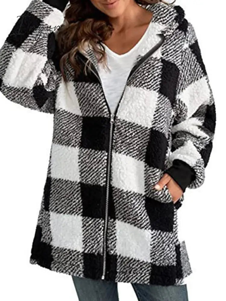 Ingvn - Women's Sherpa Jacket Fleece Long Teddy Coat Windproof Warm Home Christmas Daily Wear Vacation Zipper Pocket Zipper Hoodie Ordinary Modern Plush Plaid Regular Fit Outerwear Long Sleeve Winter Fall