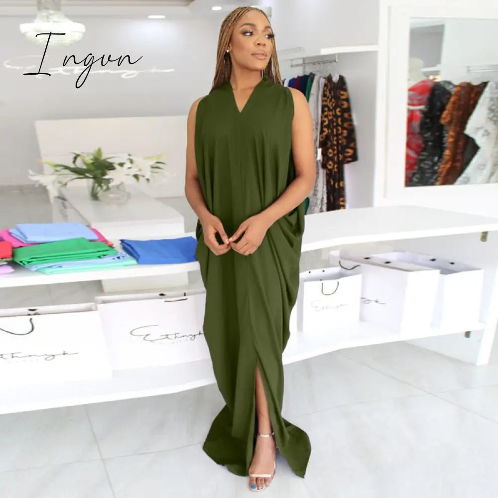 Ingvn - Casual Loose Long Vest Dress Baggy Oversized V Neck Solid Shirt Dress Loose Drapped Maxi Robes Women Basic Daily Beach Outfits
