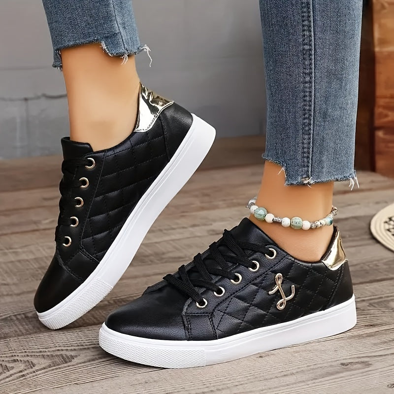 Women's Solid Color Casual Sneakers, Lace Up Platform Soft Sole Quilted Skate Shoes, Low-top Comfort White Shoes