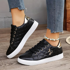 Women's Solid Color Casual Sneakers, Lace Up Platform Soft Sole Quilted Skate Shoes, Low-top Comfort White Shoes