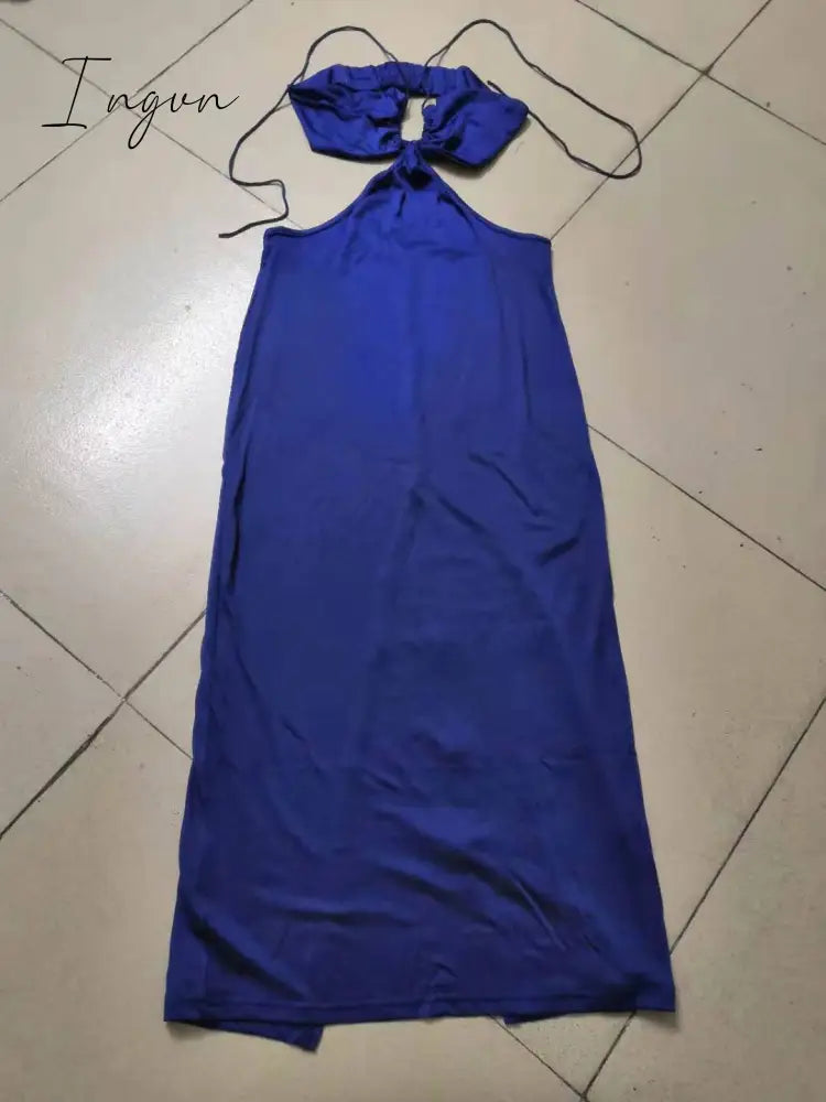 Ingvn - Women Summer Dress Wrap Hollow Out Backless Halter Backless Beach Dresses Maxi Long Vestidos