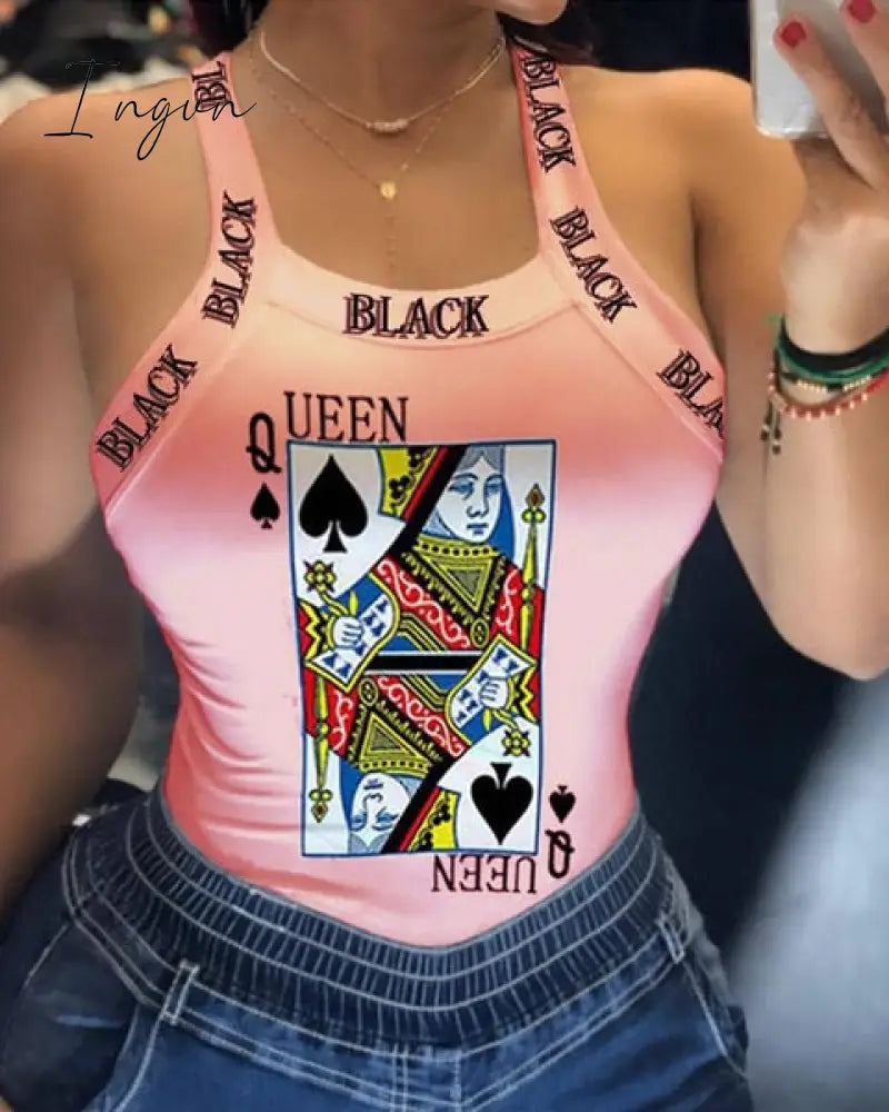 Ingvn - Tank Tops Women U Neck Letter Print Lips Vest Summer Ladies Harajuku Shirts Slim Fit Polyester Sleeveless Top Tshirts