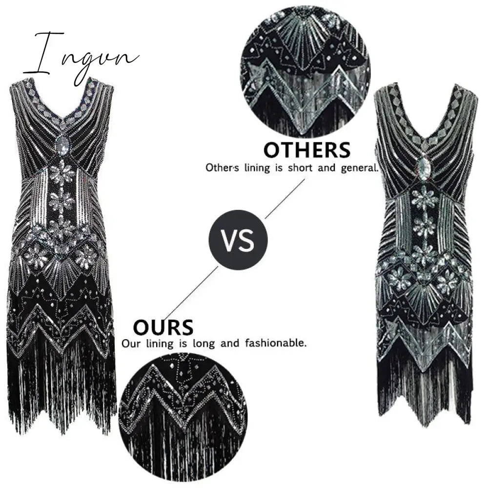 Ingvn - 1920s Vintage Flapper Great Gatsby Party Dress V-Neck Sleeveless Sequin Beaded style Style Tassel Flapper Vestidos Feminina 1920