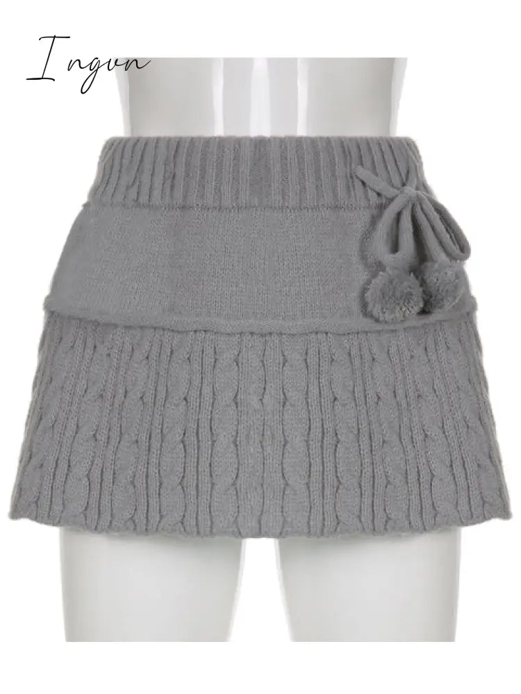 Ingvn - Knitted Low Waist Y2K Short Skirt Preppy Style Cute Girl Streetwear Aesthetic Fairycore Drawstring Womens Skirts