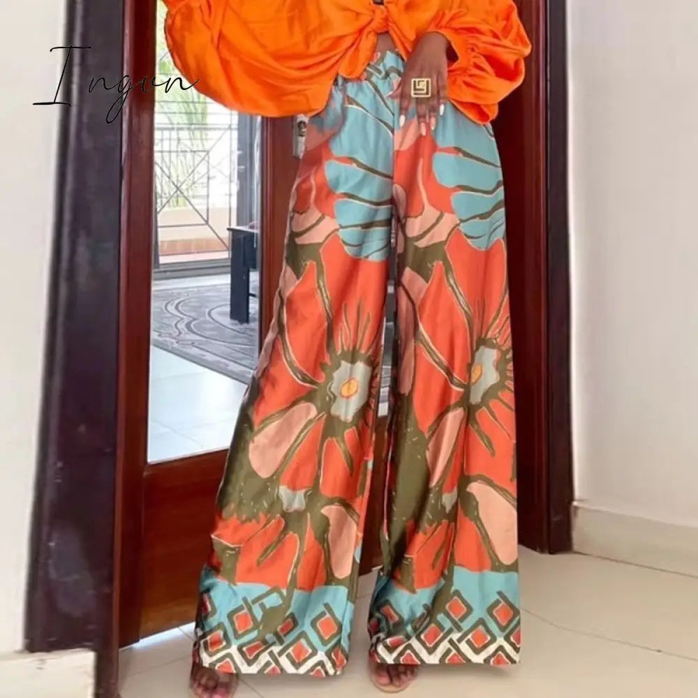 Ingvn - Women 2023 Casual Beach Long Pants New Printed Fashion Wide Leg Pants Lady Leisure Home Relaxed Flower Loose High Waist Trousers