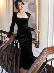 Spring New Women Elegant Long Black Velvet Dress Sexy Prom Evening Party Birthday Club Fashion  One Piece Clothing