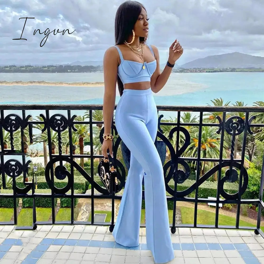 Ingvn - Set 2 Pieces Strap Sleeveless Bustiers And Long Bell-Bottoms Trousers Sexy Celebrity Party Sheath Vestidos  Dobanmbd
