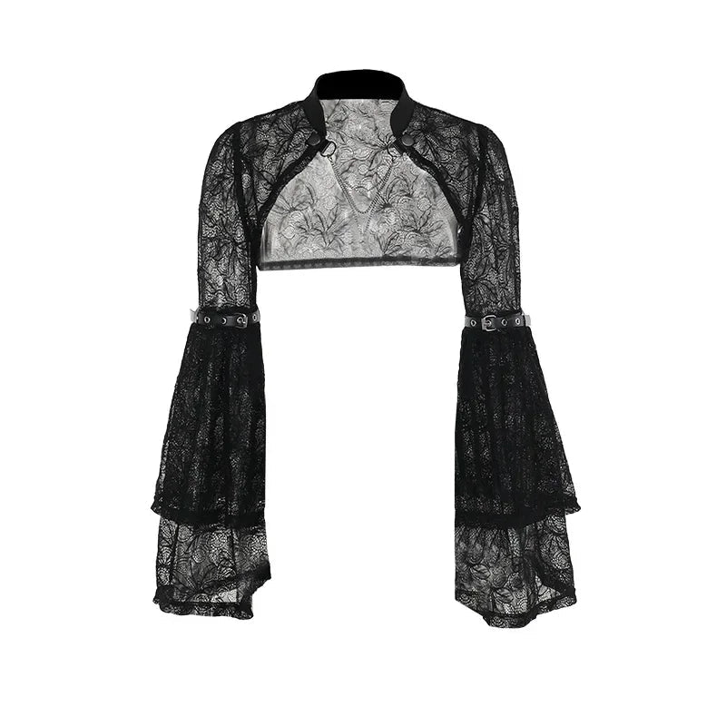 Y2K Gothic Black Lace Mesh See Through Flared Sleeve Smock Vintage Elegant Aesthetic Chains Women Fashion Tops Autumn
