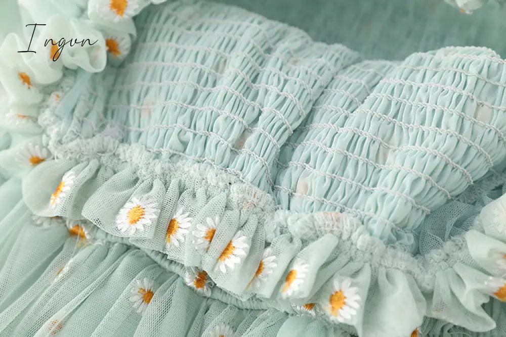 Ingvn - small daisies embroidery mesh dresses women sexy off the shoulder french vintage party ruffle dresses elegant vestidos