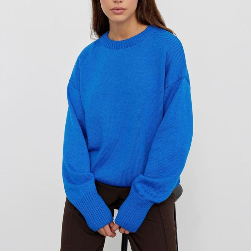 Voguable Elegant Women Sweater Oversized Knitted Basic Pullovers O Neck Loose Soft Female Knitwear Jumper