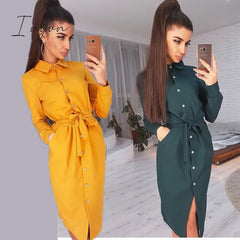 Ingvn - Lady Office Dress Autumn Long Sleeve Shirt Dress Fashion Turn-down Collar Single-breasted Party Dresses Платье  Casual Vestido