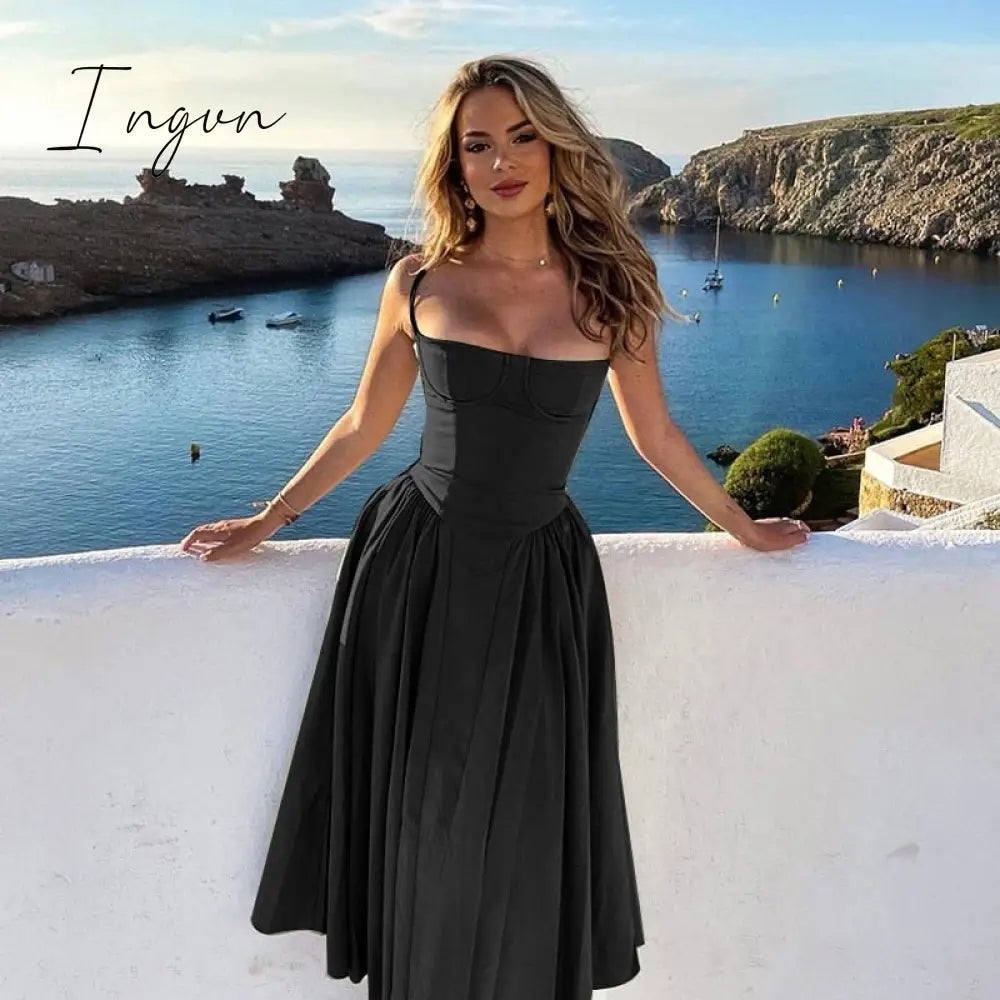 Ingvn - Elegant A- Line Midi Dress Women Spaghetti Strap Sleeveless Backless Slipdress Fashion Temperament Loose Sexy Dress