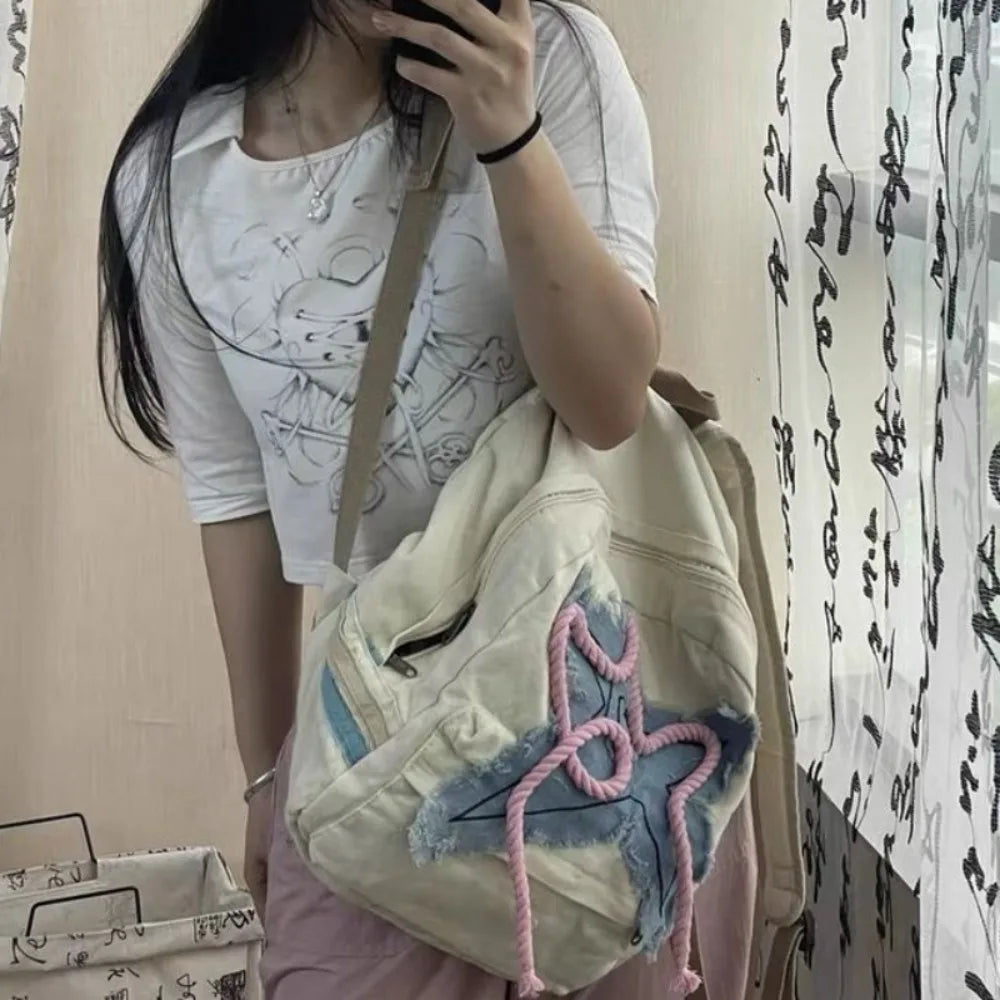 Ingvn  Women Y2K Exquisite Sweet Fresh Panelled Handle Satchel Denim Student Preppy Style Literary Backpacks Star Canvas Shoulder Bags