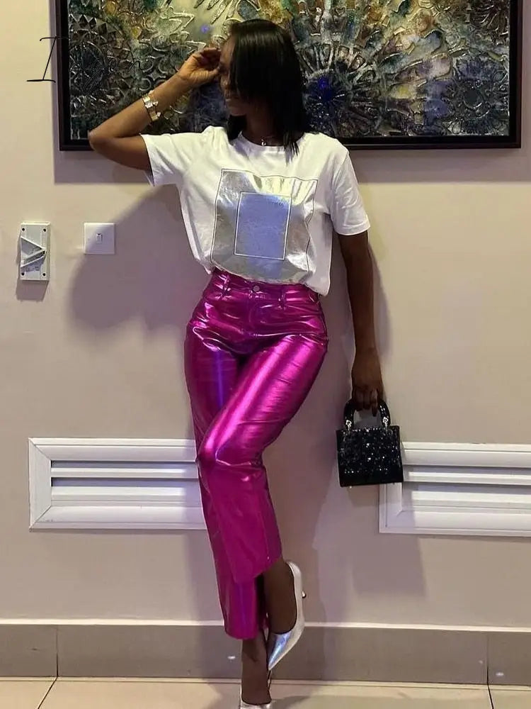 Ingvn - Women Metallic Straight-Leg PU Pants Sexy ZA Sparkling High Waist Trousers Streetwear Luxury Birthday Costumes 2023 Spring Fall