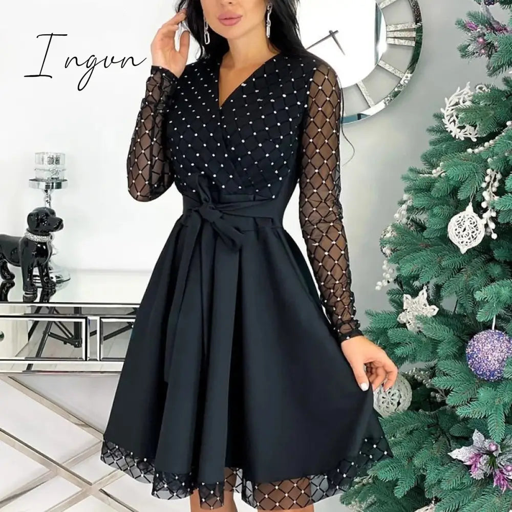 Ingvn - Spring Outfits Fashion Shiny Sequin Diamond Mesh Stitching Dress Women Spring Autumn Sheer Long Sleeve Belted Slim A Line Dresses