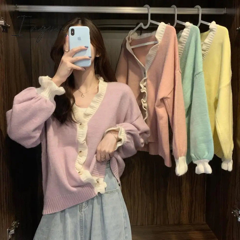 Ingvn - Spring Autumn New Women's Clothing Sweet V-Neck Knitted Cardigan Korean Fashion Buttons Long Sleeve Ruffles Sweaters Female