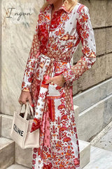 Ingvn - Elegant Floral Pocket Frenulum Turndown Collar Shirt Dress Dresses