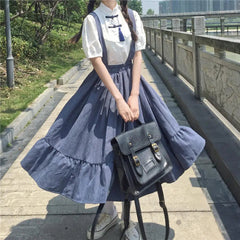 Ingvn - Spring Midi Skirt For Women Spring Summer Japanese Style Kawaii Lolita Skirt Teens Soft Girl High Waist Ruffles Suspender Skirts rok