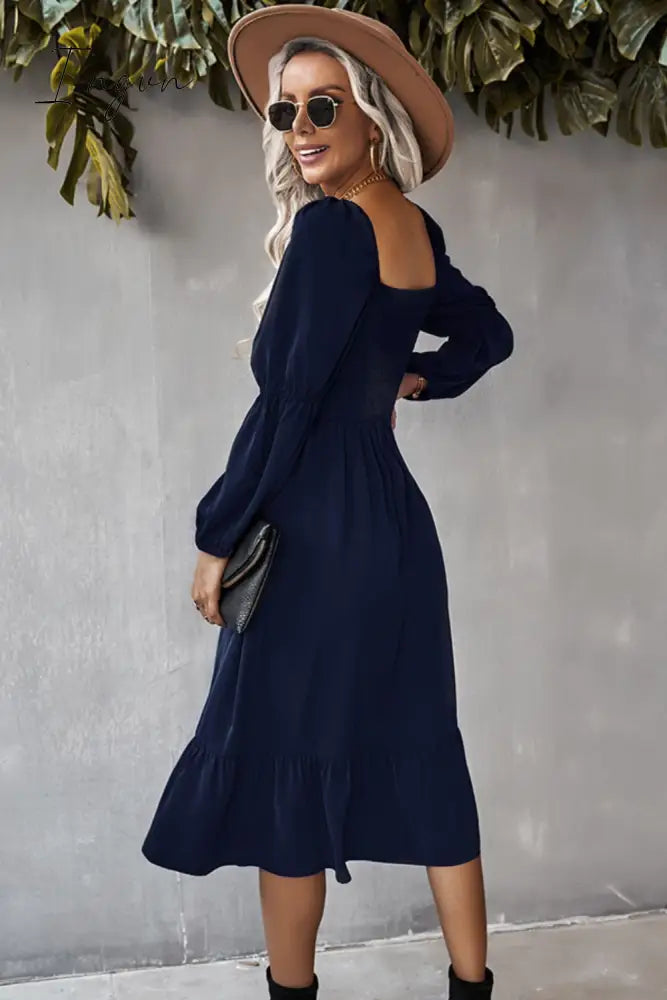 Ingvn - Square Neck Ruffle Hem Long Bubble Sleeve Midi Dress