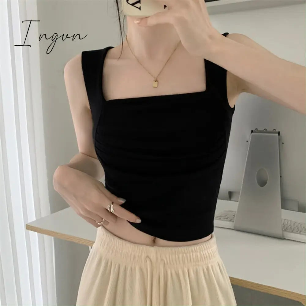 Ingvn - Solid Tank Top for Women Summer 2023 New Korean Fashion Sleeveless Square Collar Slim Crop Top Chic Casual Y2k Tanks