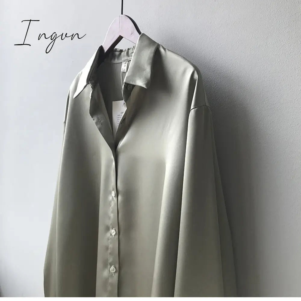 Ingvn - Silk Korean Office Ladies Elegant Shirt Blouse Women Fashion Button Up Satin Shirt Vintage White Long Sleeve Shirts Tops 11355