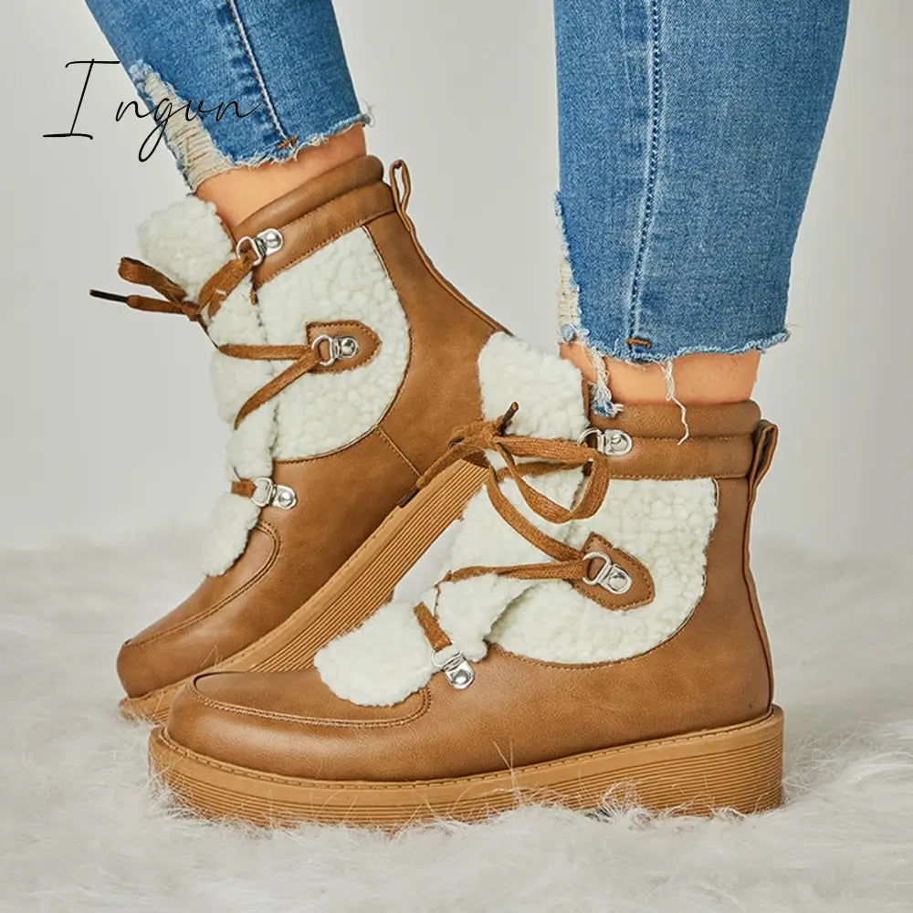 Ingvn - Women's Faux Shearling Stiching Lace Up Snow Boots