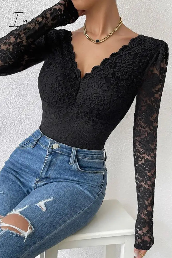 Ingvn- Sexy Solid Patchwork See-through Backless V Neck Skinny Bodysuits