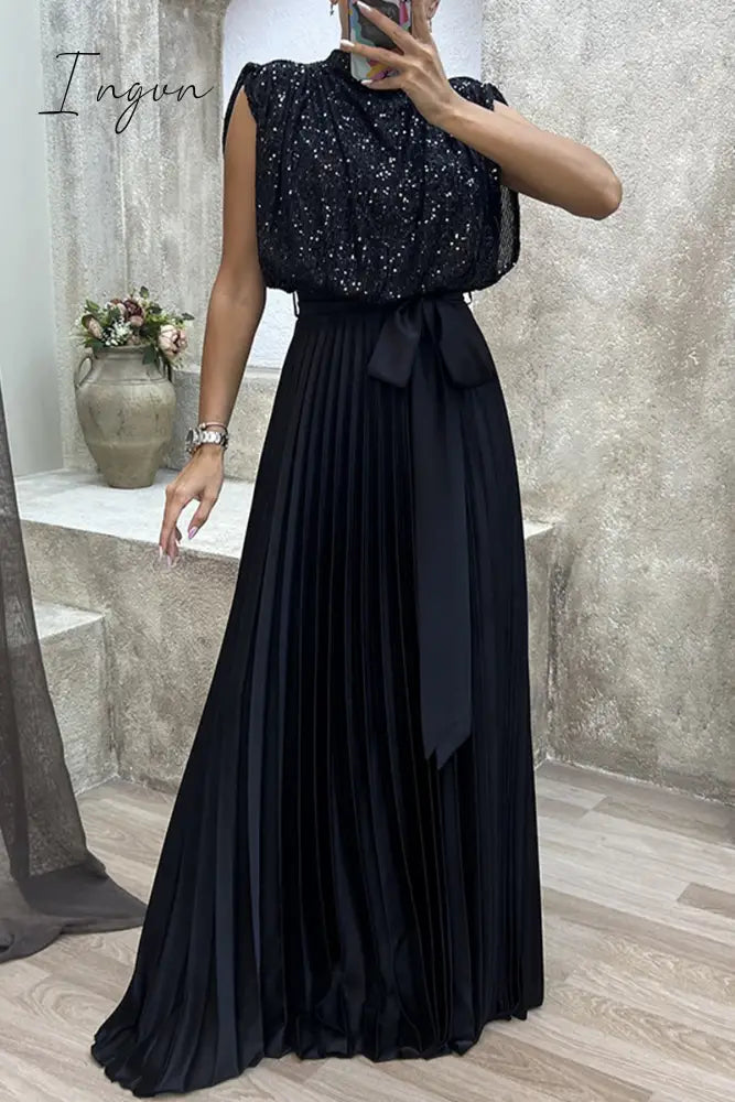 Ingvn - Elegant Solid Sequins Frenulum Fold Half A Turtleneck Evening Dress Dresses
