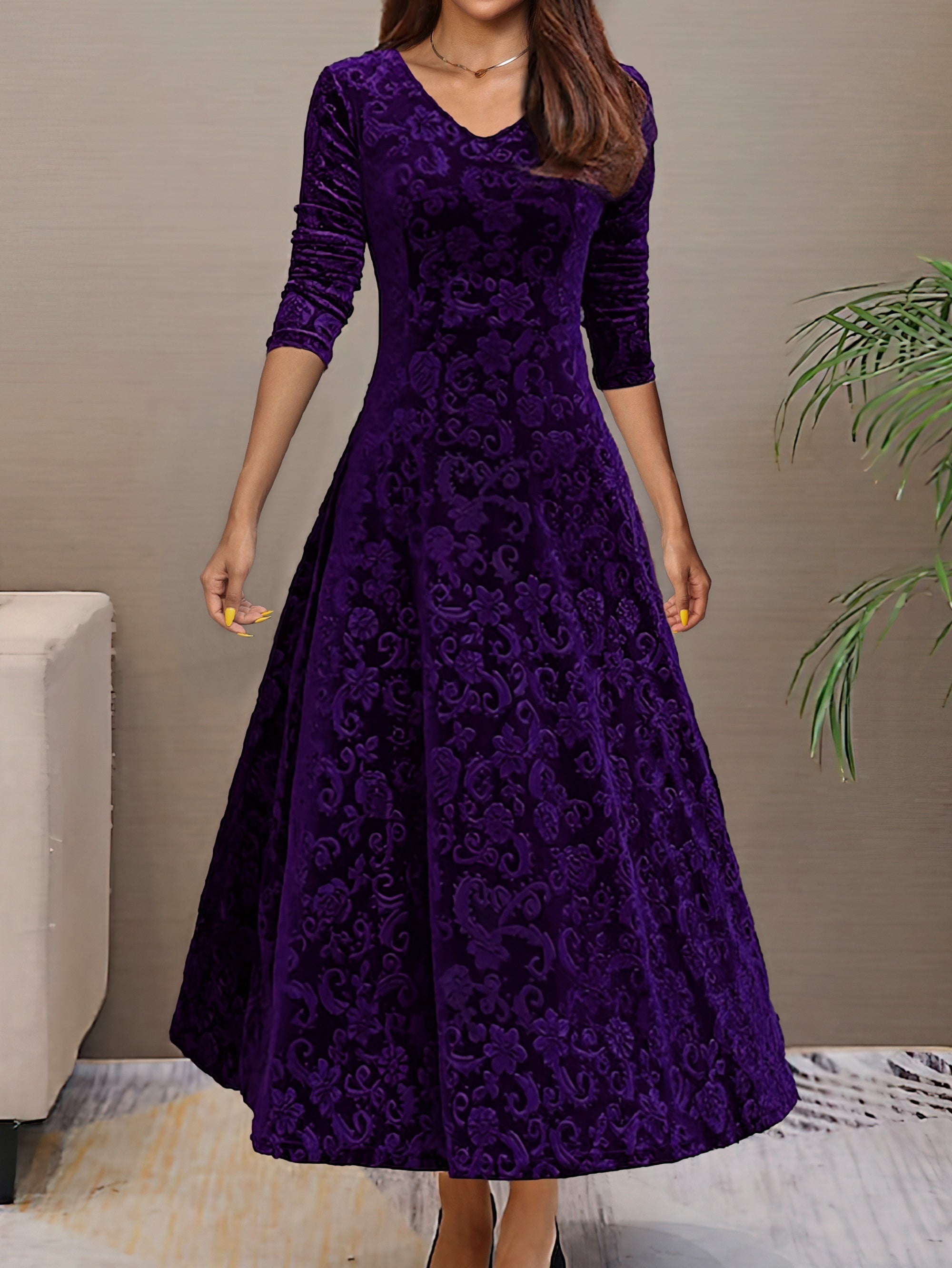 Vibrant Polyester Long Sleeve V-Neck Flared Dress - Elegant, High-Elasticity, Random Print, Machine Washable, All-Season Apparel for Women - Perfect for Spring and Fall Occasions