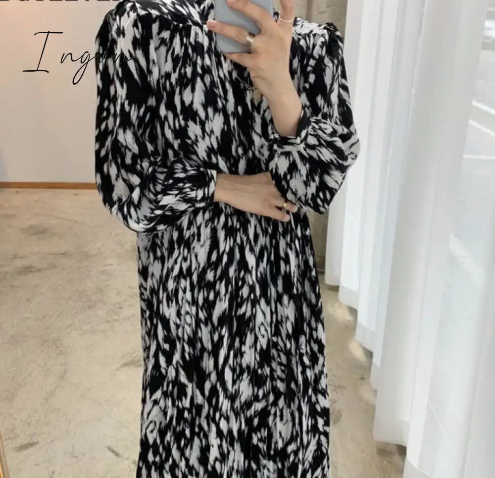 Ingvn - Spring New Stand Collar Women Full Sleeve Dress Elegant Hit Color Female Lace-up Printed Midi Dress Vestidos