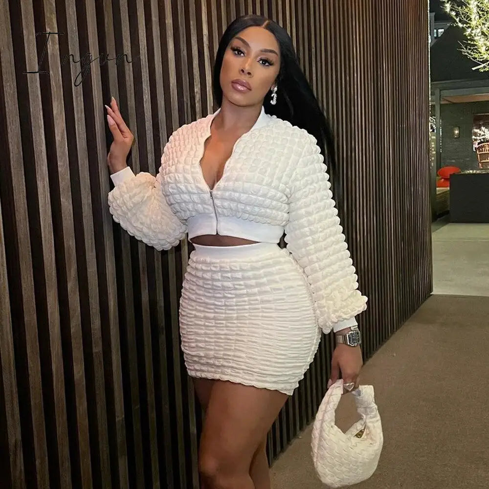 Ingvn - 2 Piece Sets Skirts for Women 2023 Long Sleeve Solid Pencil Skirt Open Umbilical Zip Popcorn Pencil Skirts Crop Top