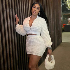 Ingvn - 2 Piece Sets Skirts for Women 2023 Long Sleeve Solid Pencil Skirt Open Umbilical Zip Popcorn Pencil Skirts Crop Top