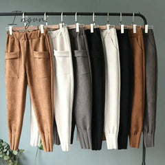 Ingvn - Casual Autumn Winter Women Pants Korean Elastic High Waist Pockets Suede Harem Pants Trousers Women Pantalon Femme