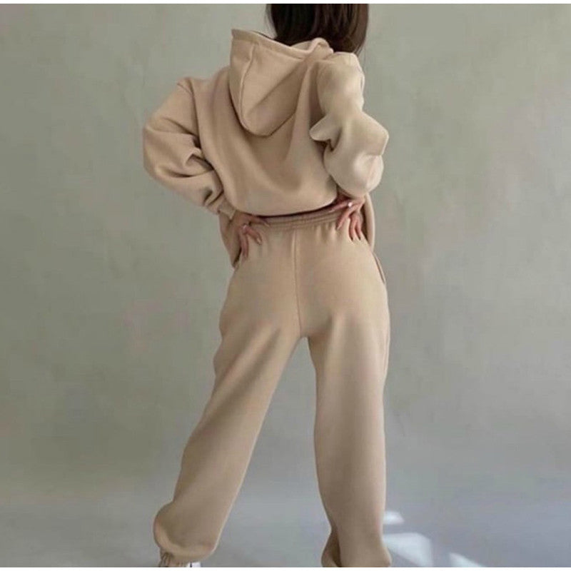 Women's Tracksuit Autumn Plus Fleece Sweatshirts Two Piece Set Casual Oversized Solid Female Sports Hoodie Suit Long Pant Sets