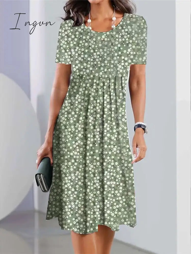 Ingvn - Women's Casual Dress Summer Dress Print Dress Floral Ombre Pocket Print Crew Neck Midi Dress Fashion Streetwear Outdoor Daily Short Sleeve Loose Fit White Light Green Navy Blue Summer Spring S M L XL