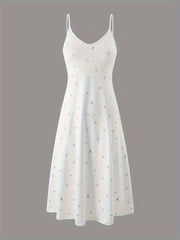Womens Elegant Ditsy Floral Print Midi Slip Dress - Soft Micro Elasticity V Neck Backless Design, Comfortable Knit Fabric, Random Printing, Perfect for Home Wear All Seasons